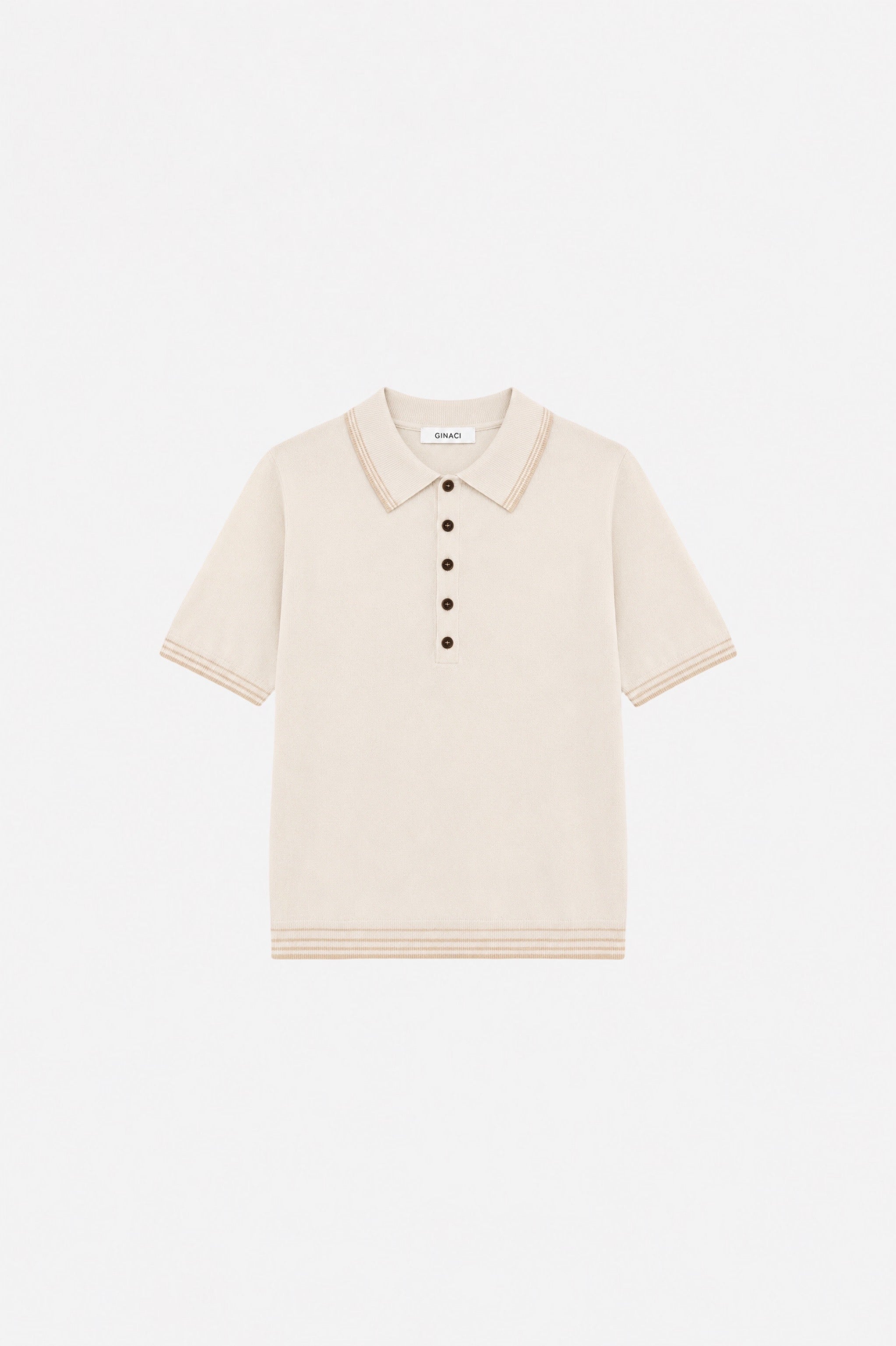 Ecru polo yaka triko sweater from Ginaci Türkiye, showing the soft knit fabric and classic collar on a neutral background.