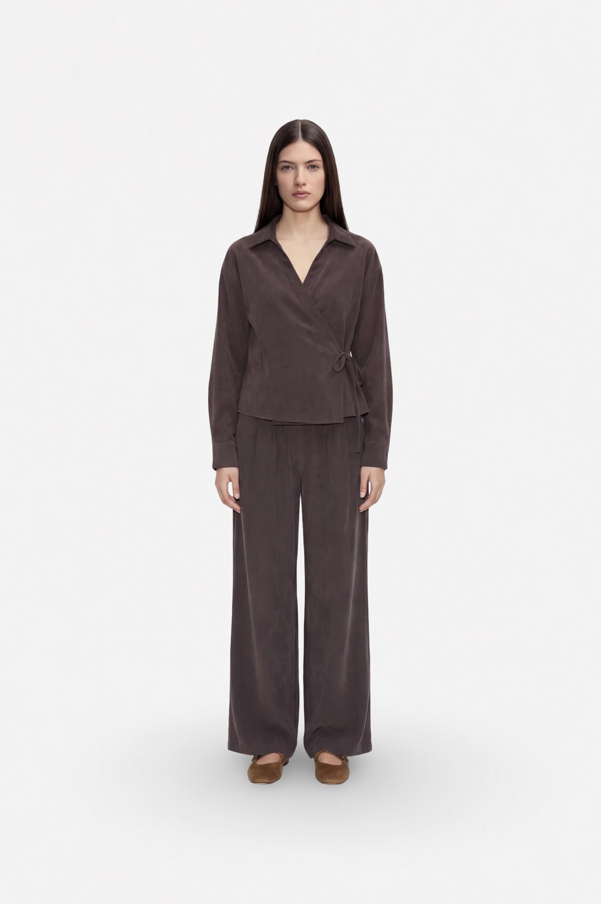 Brown Tencel fabric wrap-around kimono blouse by Ginaci Türkiye featuring a V-neck and crisscross design.