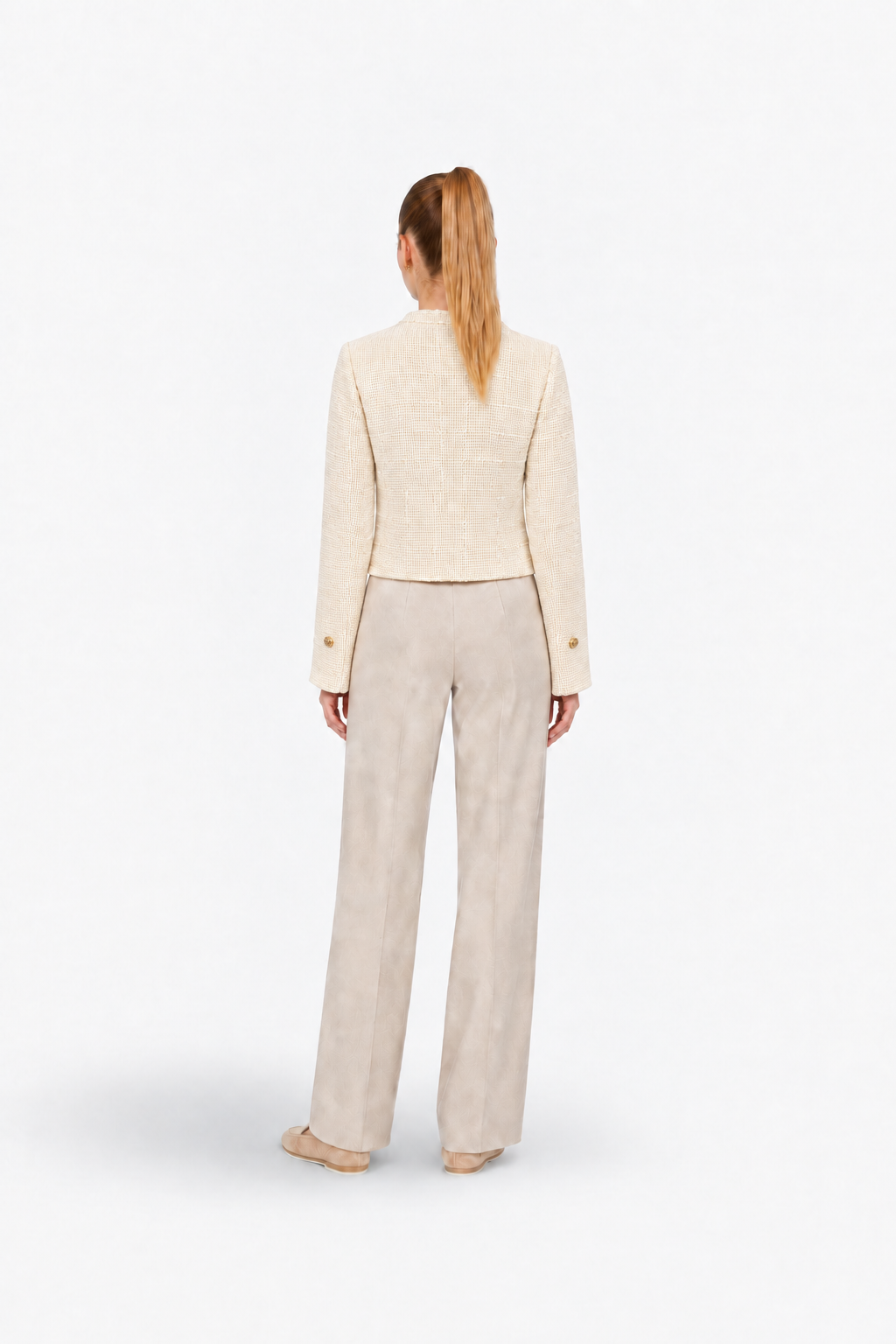 Gold button detail Ekru Tüvit women's blazer jacket by Ginaci, classic cut with elegant tailored fit, shown from the back.