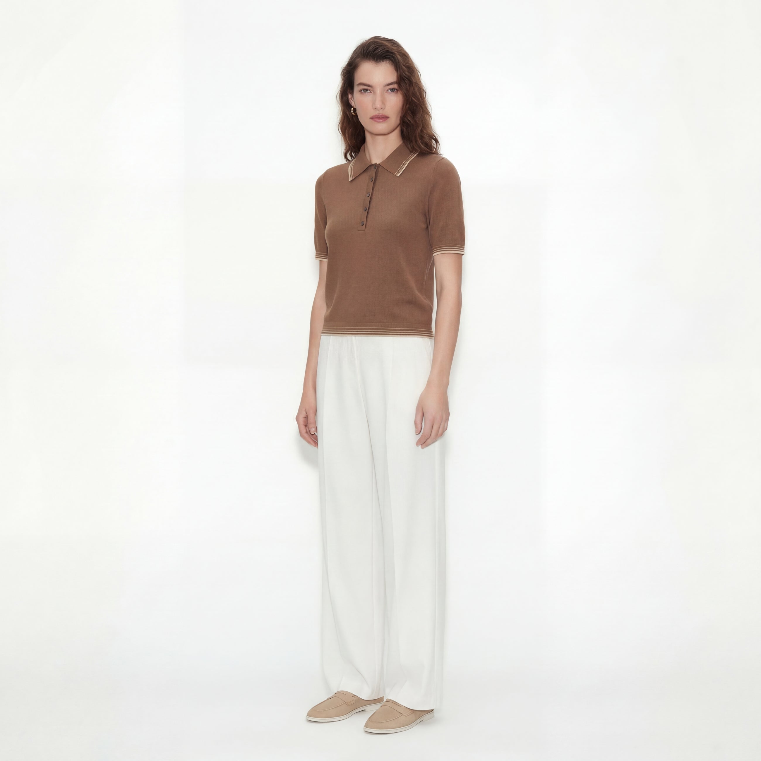 Brown polo neck knit sweater from Ginaci Türkiye featuring a classic polo collar and cozy knit texture.