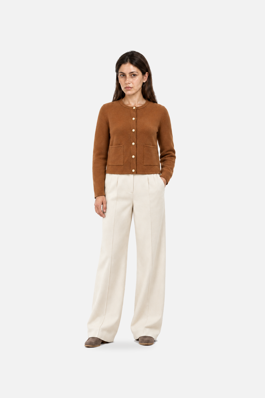 Brown knit cardigan with pearl button details from Ginaci Türkiye, styled in a casual, cozy look.