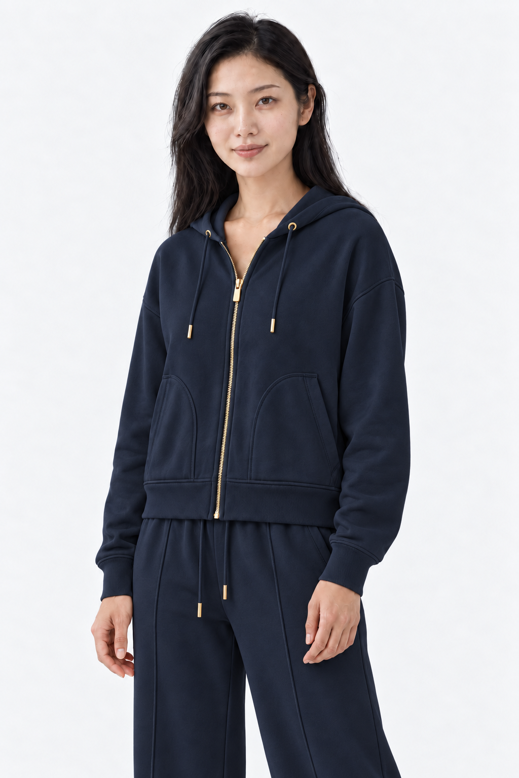 Navy blue Fermuarlı Kapüşonlu İnce Eşofman Üst by Ginaci, shown from the side, with a zipper front and casual fit.
