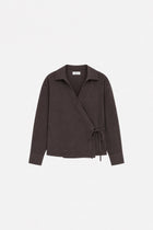 Brown Tencel fabric wrap-style v-neck blouse by Ginaci Türkiye featuring a knot detail and long sleeves.