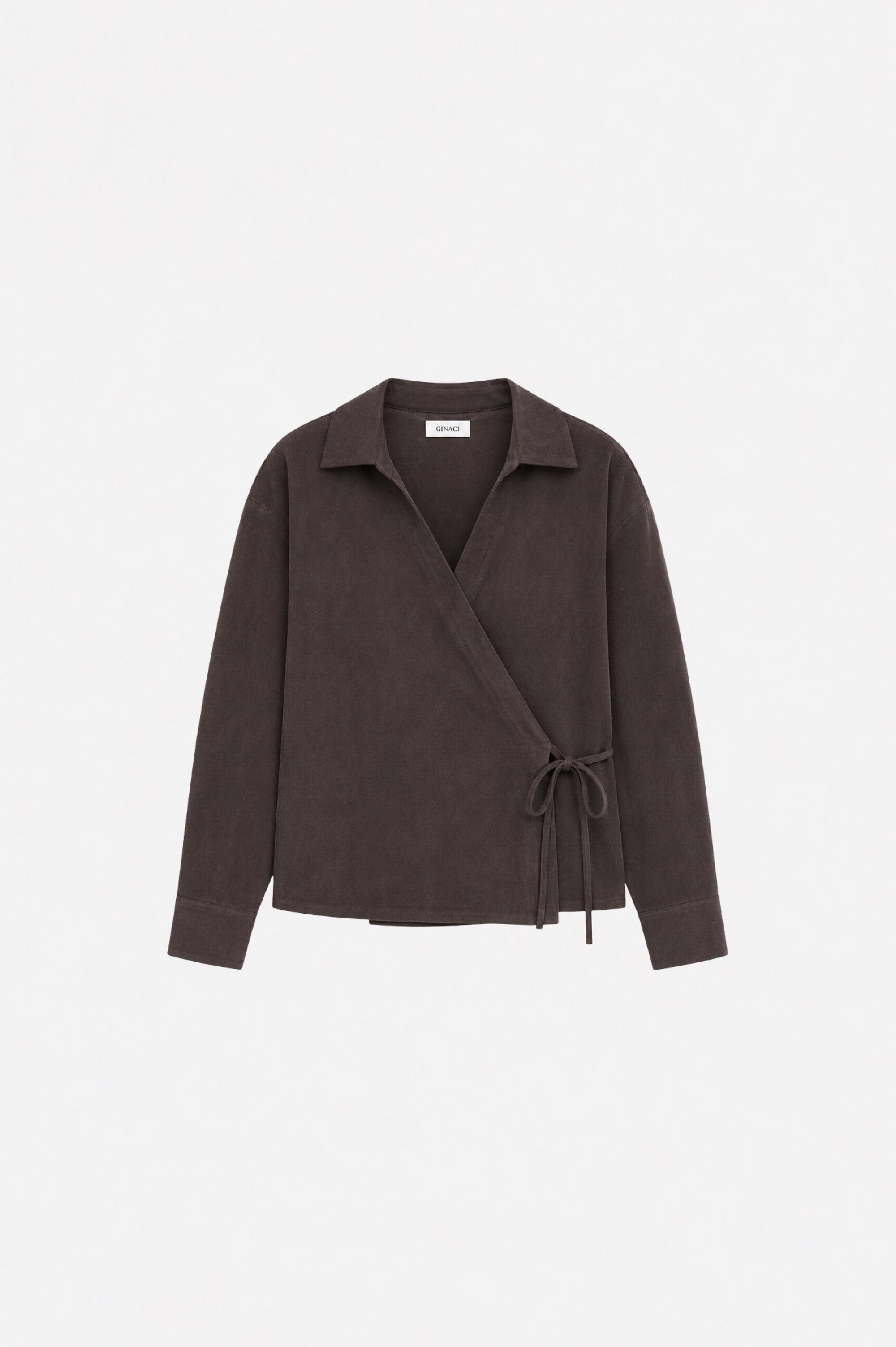 Brown Tencel fabric wrap-style v-neck blouse by Ginaci Türkiye featuring a knot detail and long sleeves.
