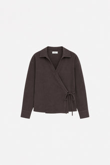 Brown Tencel fabric wrap-style v-neck blouse by Ginaci Türkiye featuring a knot detail and long sleeves.