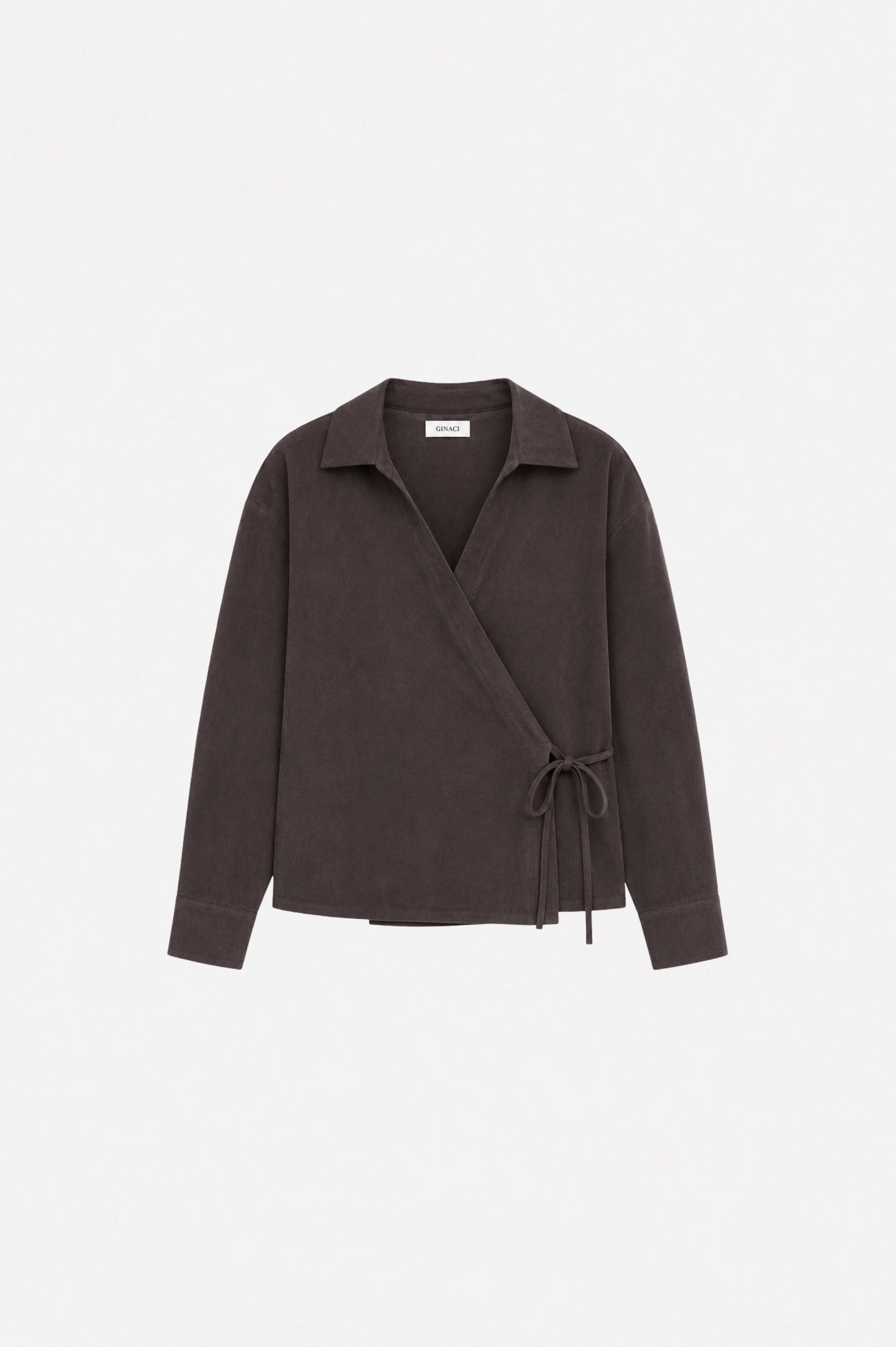 Brown Tencel fabric wrap-style v-neck blouse by Ginaci Türkiye featuring a knot detail and long sleeves.
