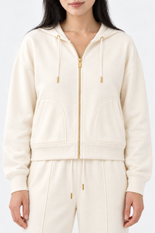 Light pink Ginaci ekru fermuarlı kapüşonlu ince eşofman üst with front zipper and hood, casual athletic wear for comfortable style.