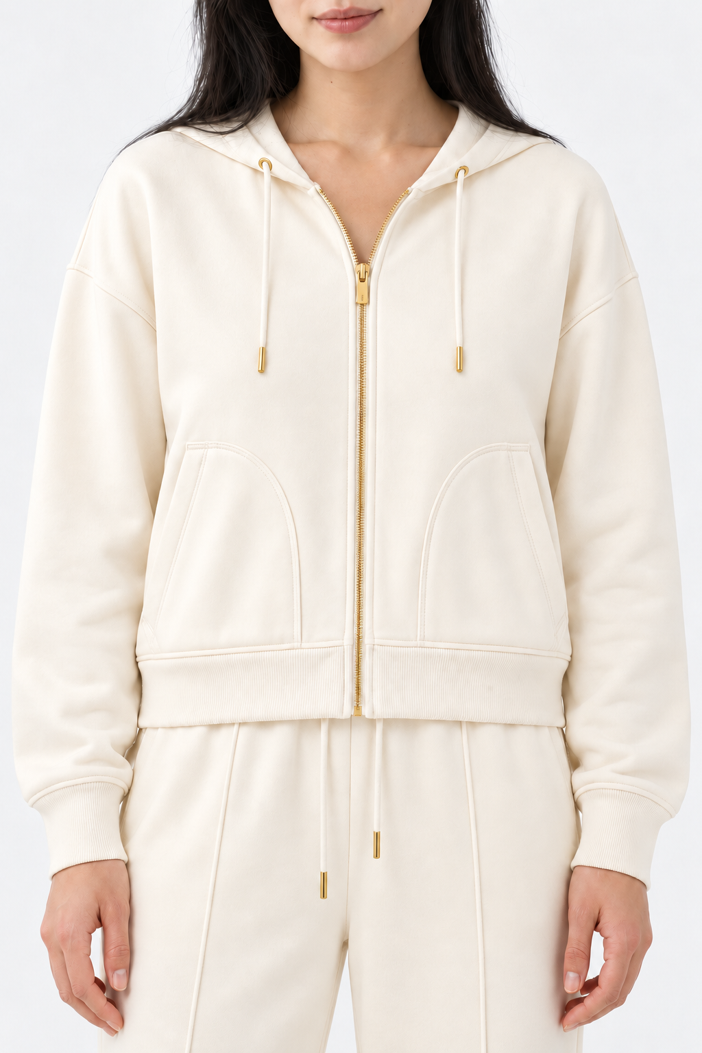 Light pink Ginaci ekru fermuarlı kapüşonlu ince eşofman üst with front zipper and hood, casual athletic wear for comfortable style.
