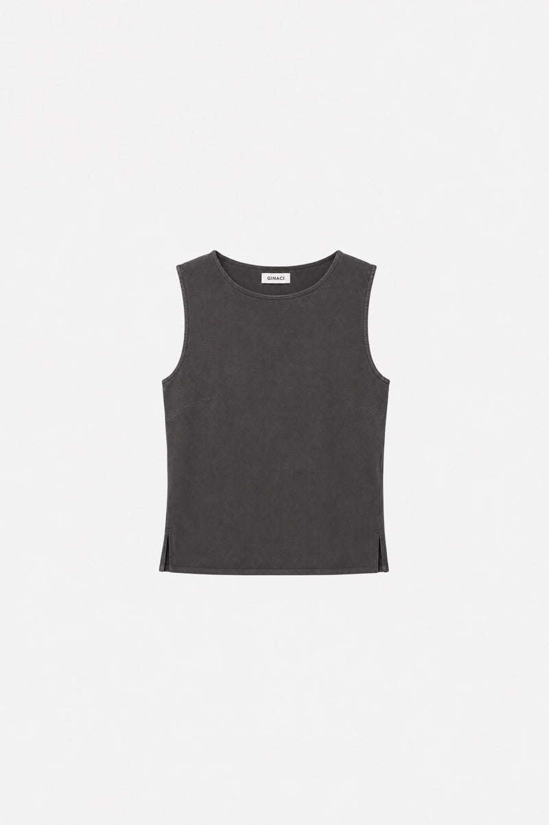 Gray Ginaci soft touch Tencel fabric athletic tank top, minimal design, lightweight and comfortable for active wear.