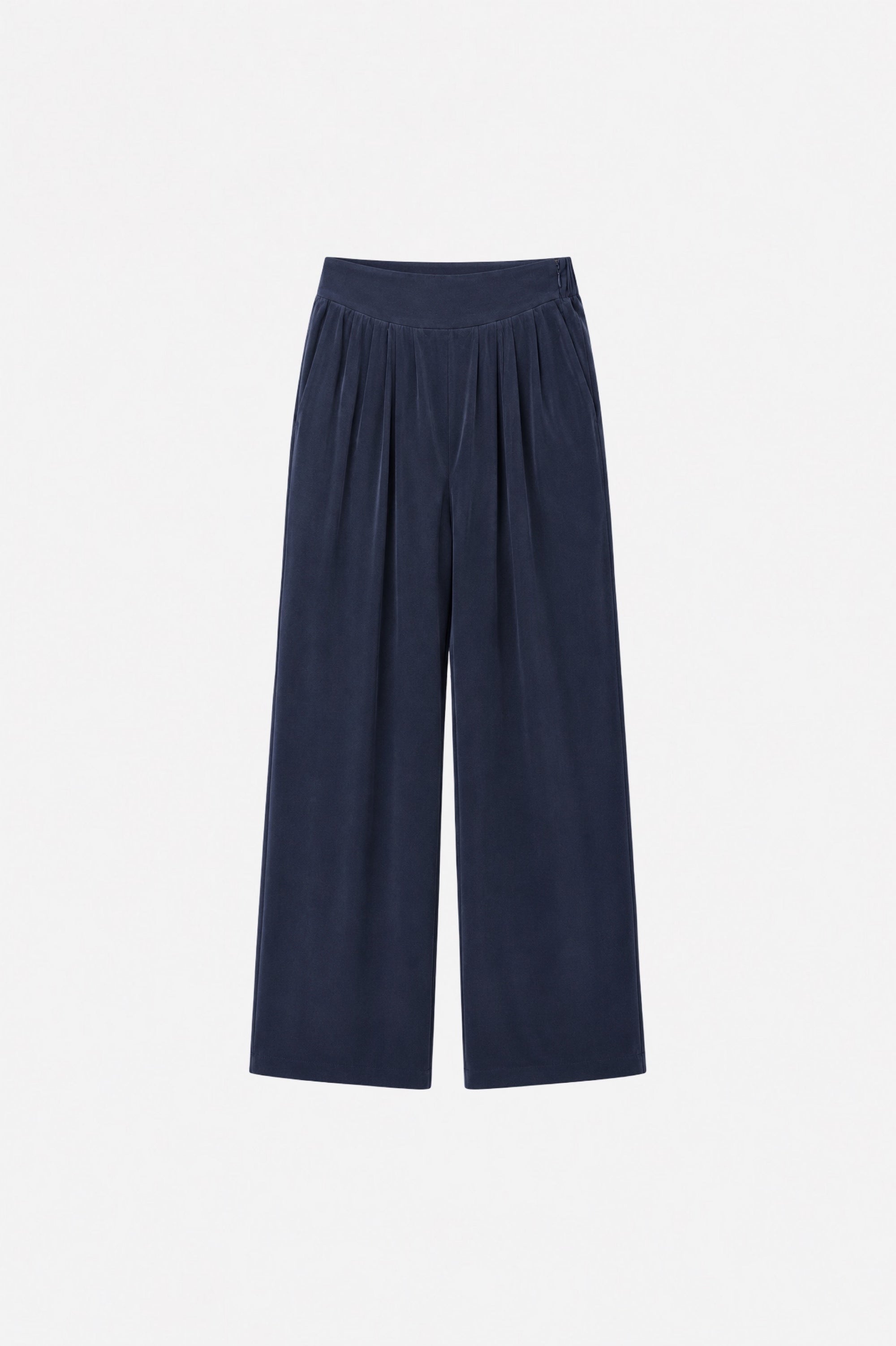 Navy Tencel fabric wide-leg pants with pleats from Ginaci Türkiye, featuring a relaxed fit and stylish design.