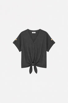 Ginaci Türkiye Tencel fabric minimal green blouse with tie detail, showcasing a stylish and eco-friendly women's top.