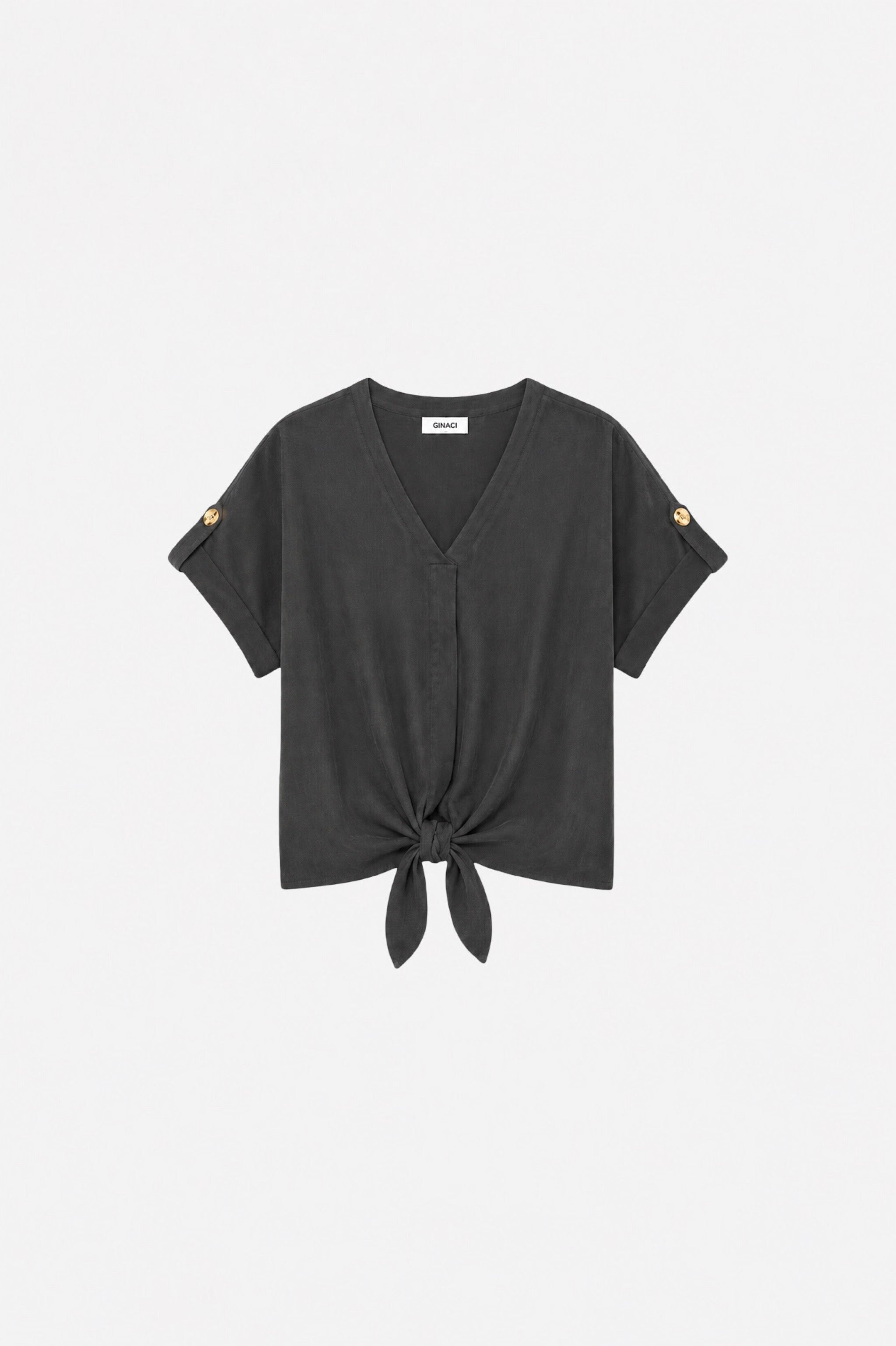 Ginaci Türkiye Tencel fabric minimal green blouse with tie detail, showcasing a stylish and eco-friendly women's top.