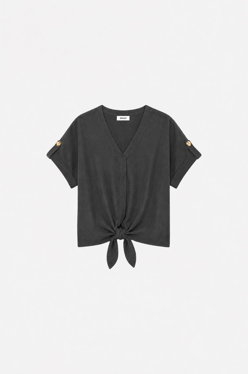 Ginaci Türkiye Tencel fabric minimal green blouse with tie detail, showcasing a stylish and eco-friendly women's top.