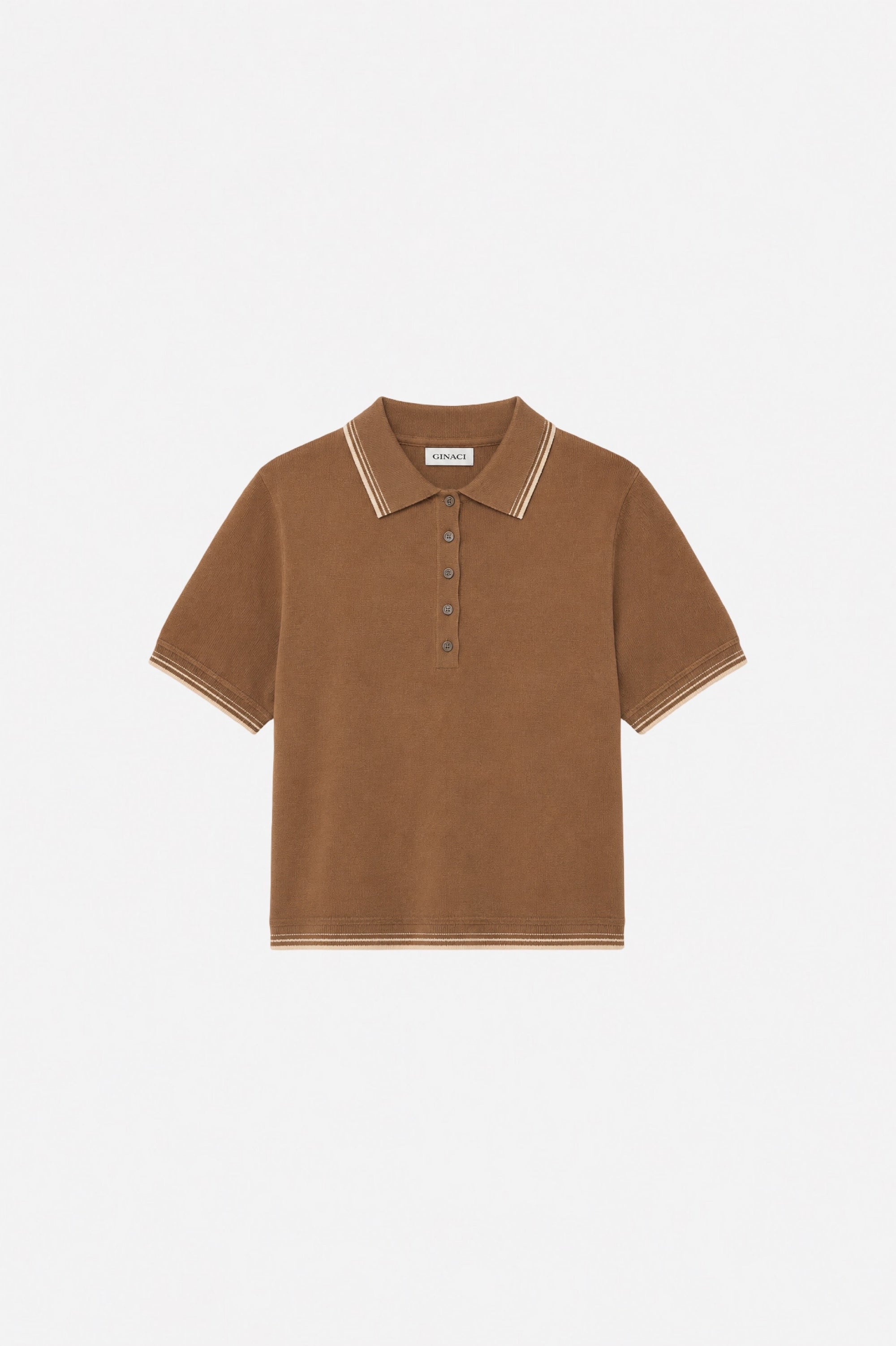 Kahverengi polo yaka triko by Ginaci Türkiye, close-up of soft knit fabric and classic collar on a casual men's sweater