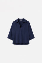 Lacivert Tencel rahat kesim üst by Ginaci Türkiye, lightweight and soft fabric, casual style, displayed on a hanger.