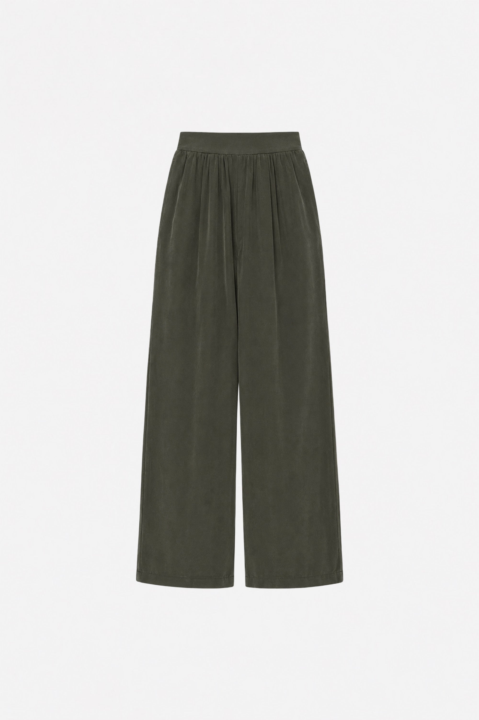 Haki Tencel Kumaş bol paça piliseli pantolon by Ginaci Türkiye displayed on a hanger, showcasing relaxed fit and pleated design.