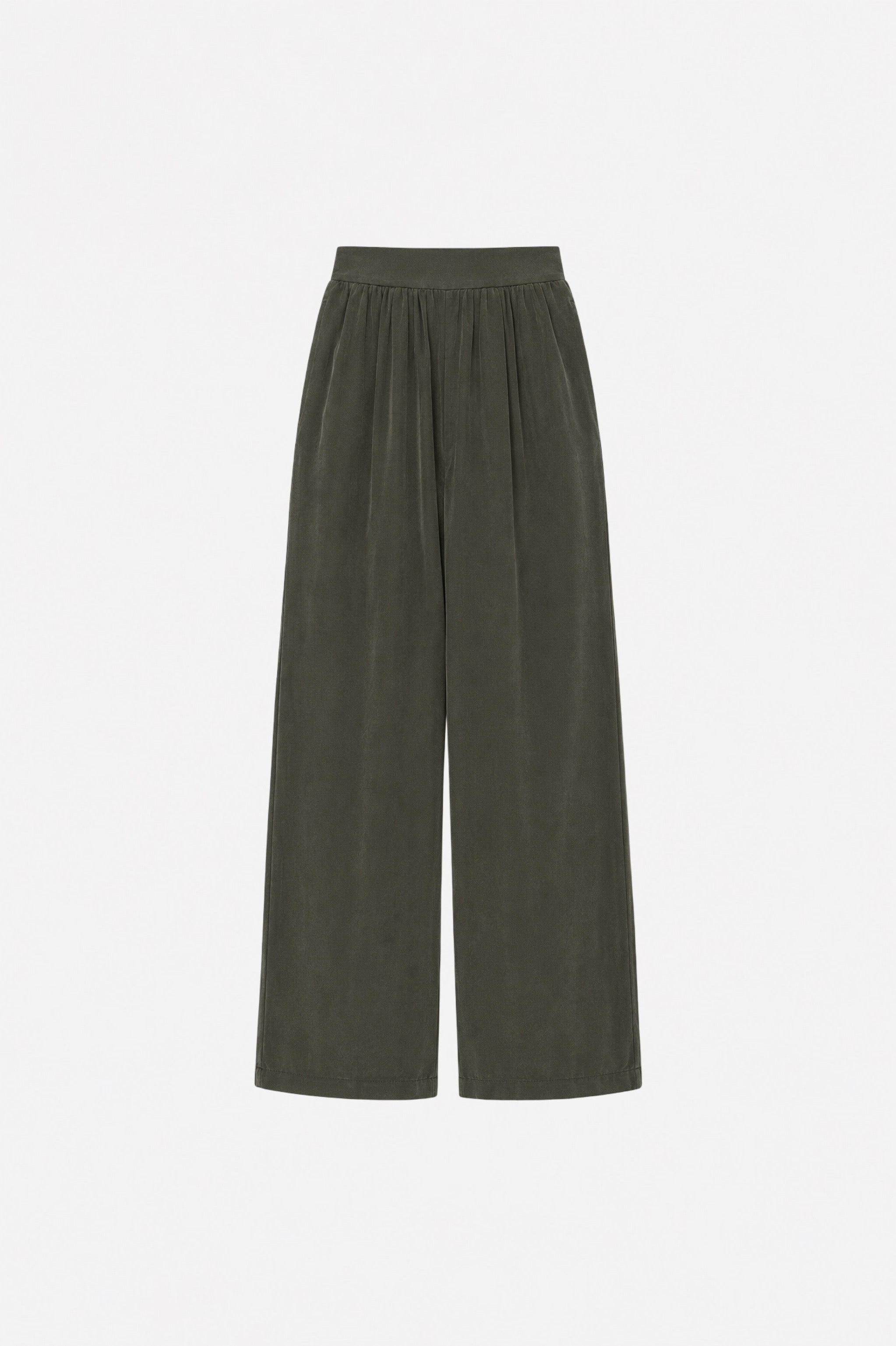 Haki Tencel Kumaş bol paça piliseli pantolon by Ginaci Türkiye displayed on a hanger, showcasing relaxed fit and pleated design.