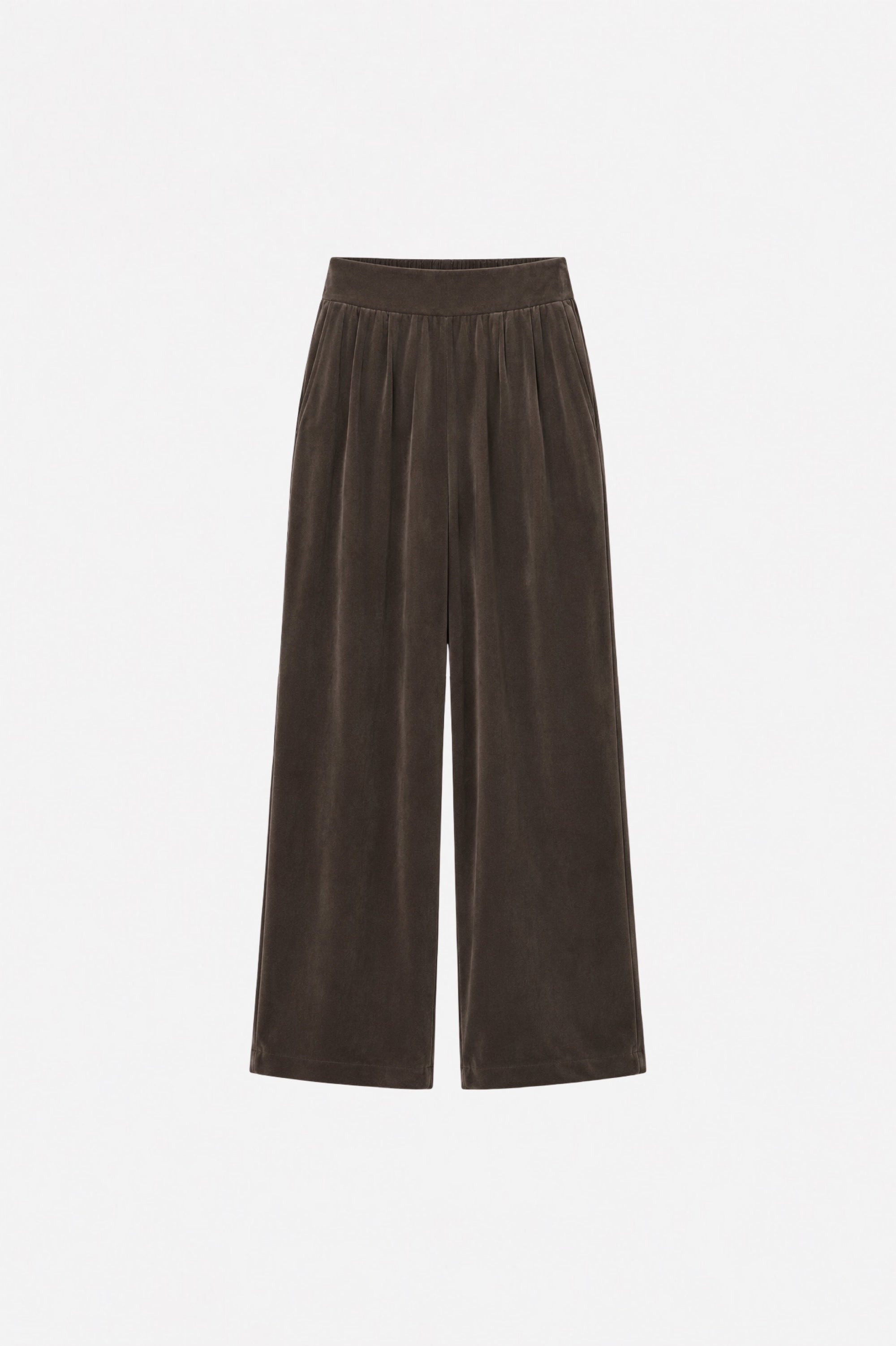 Brown Tencel fabric wide-leg pants with pleats from Ginaci Türkiye, featuring a relaxed fit and casual style.
