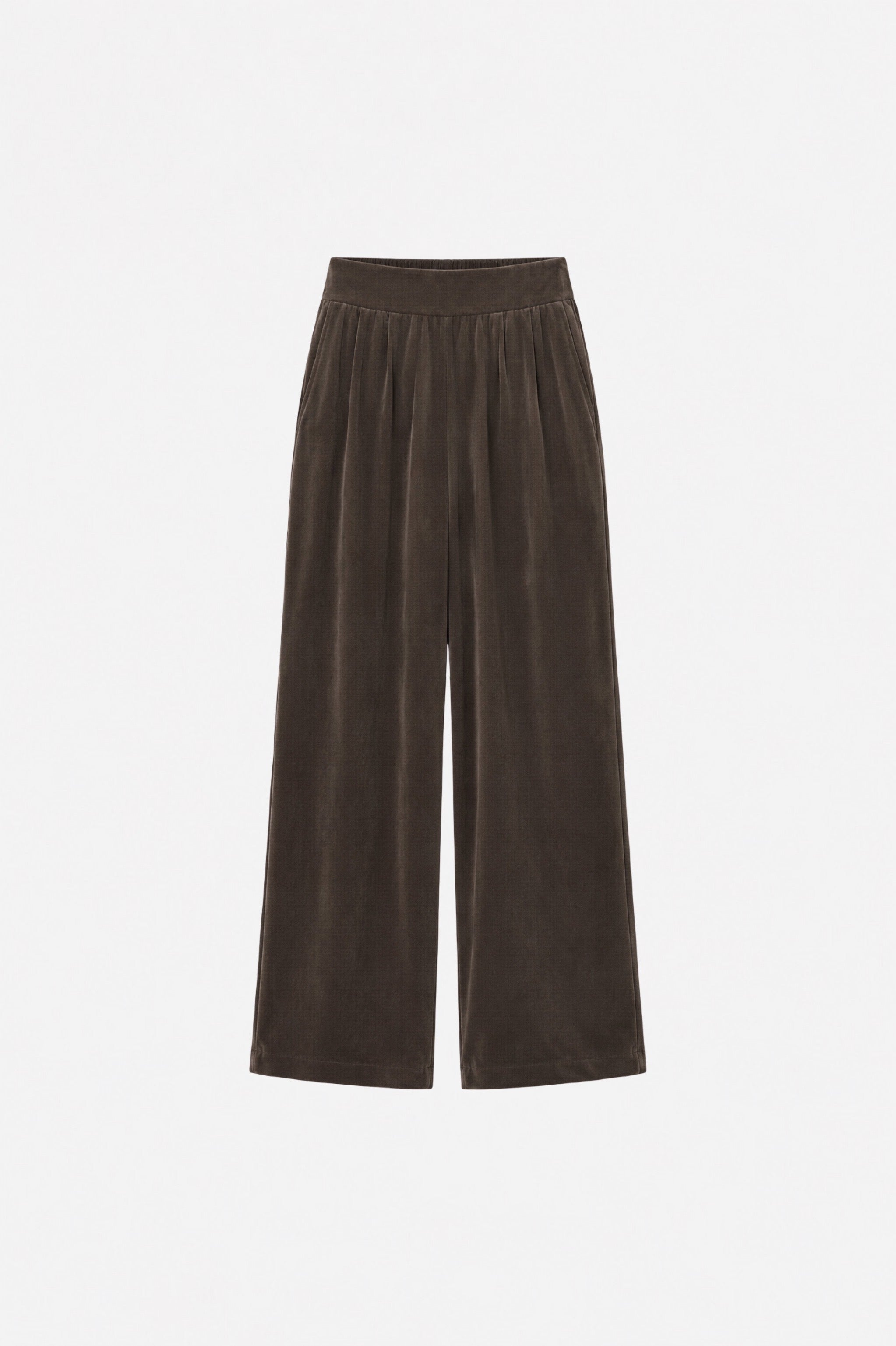 Brown Tencel fabric wide-leg pants with pleats from Ginaci Türkiye, featuring a relaxed fit and casual style.