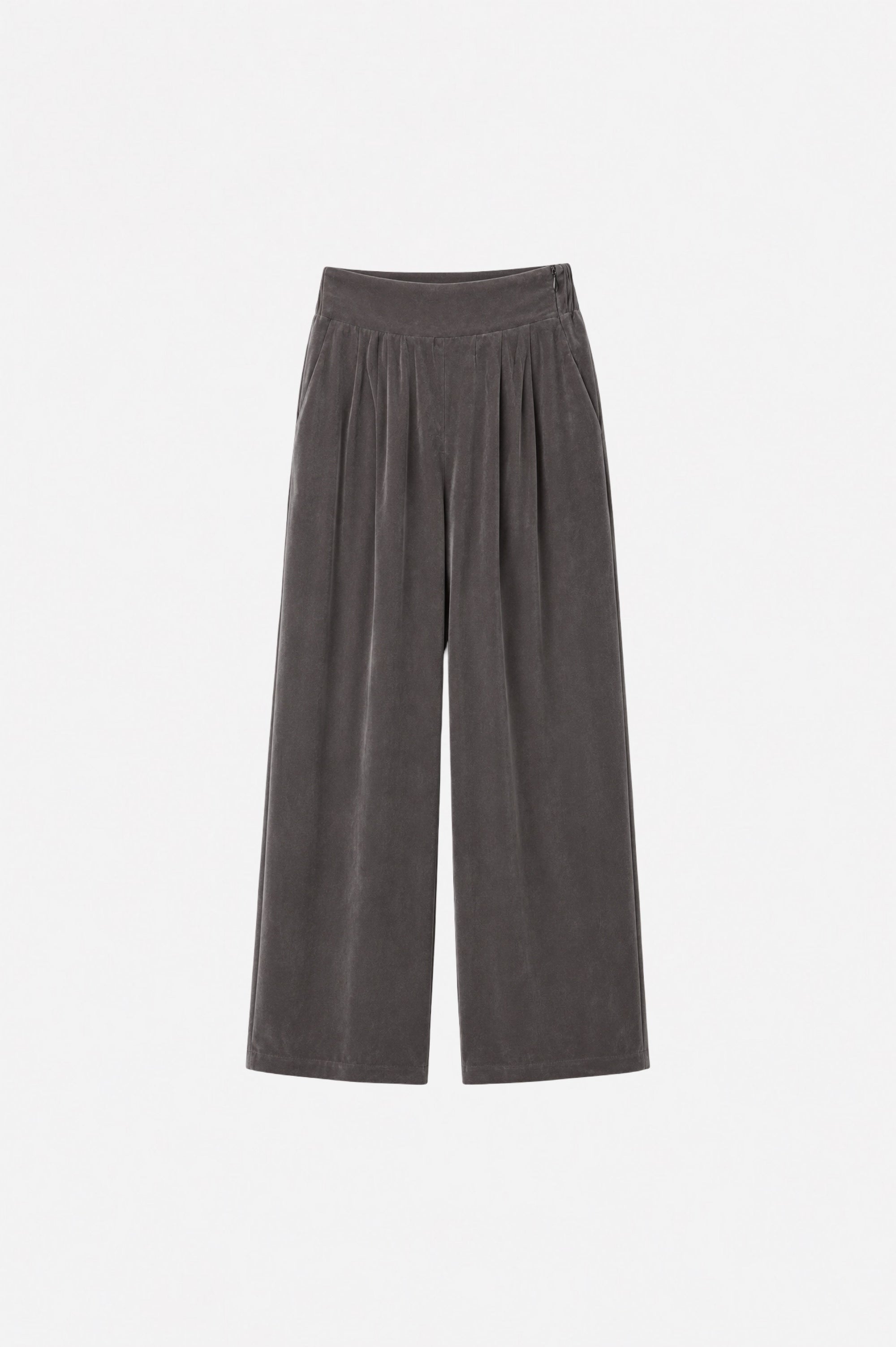 Gray Tencel fabric wide-leg pants with pleats from Ginaci Türkiye, featuring a relaxed fit and stylish design.