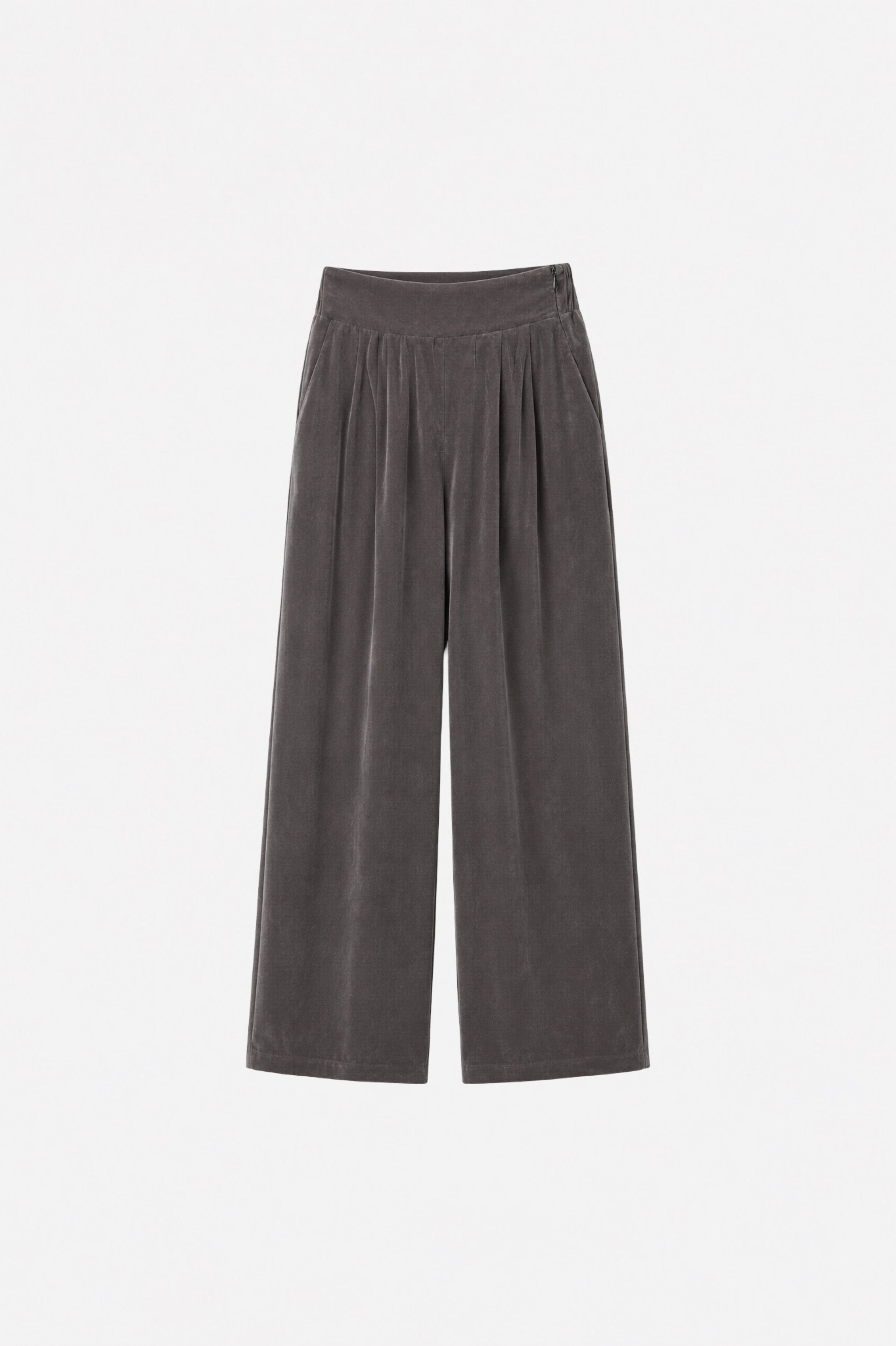 Gray Tencel fabric wide-leg pants with pleats from Ginaci Türkiye, featuring a relaxed fit and stylish design.