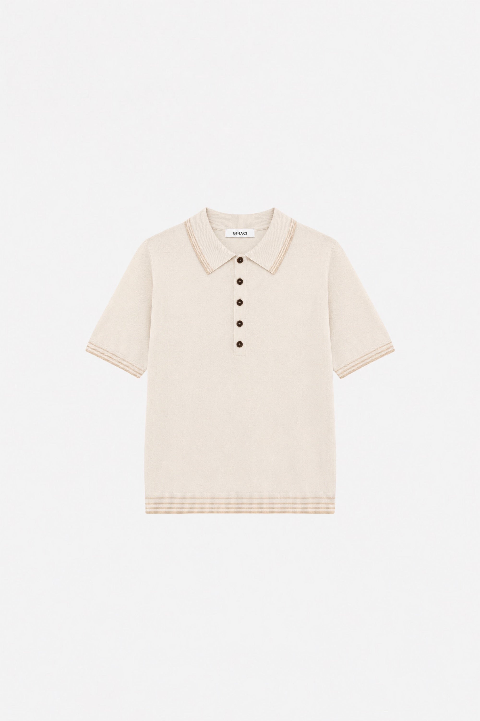 Ecru polo yaka triko sweater from Ginaci Türkiye, showing the soft knit fabric and classic collar on a neutral background.