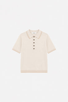 Ecru polo yaka triko sweater from Ginaci Türkiye, showing the soft knit fabric and classic collar on a neutral background.
