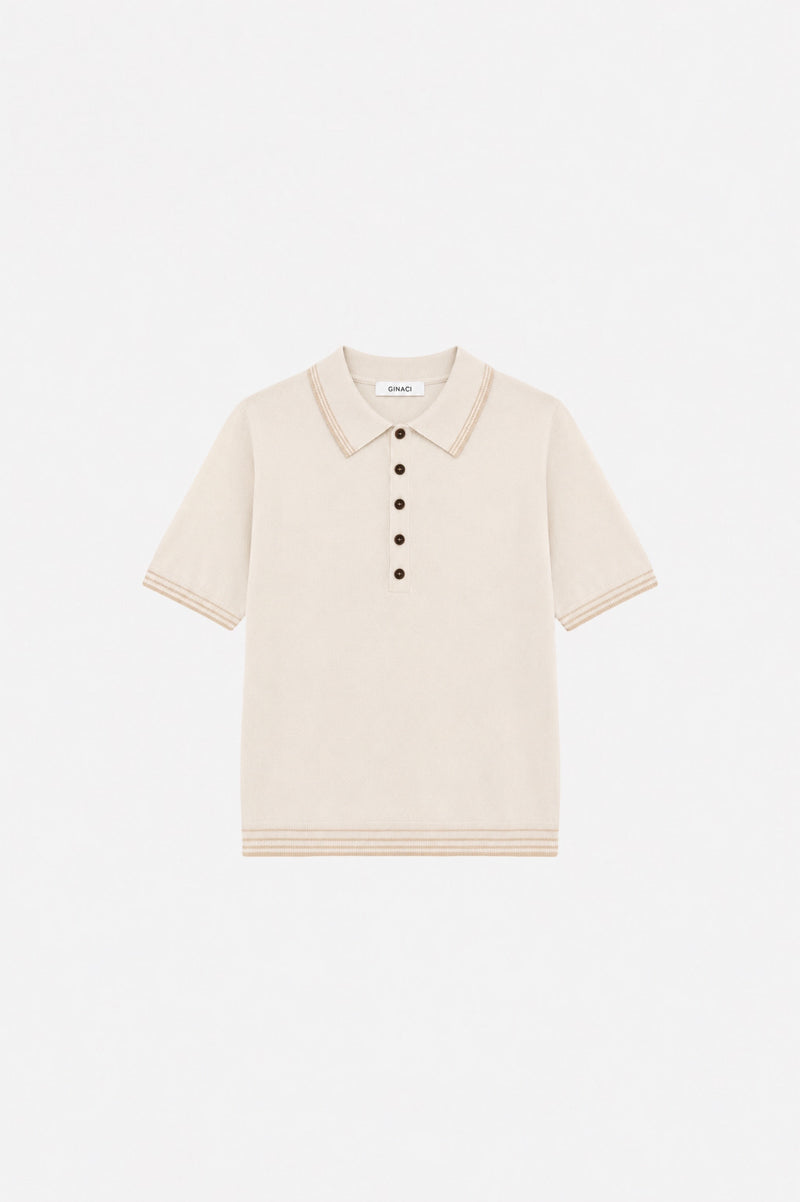 Ecru polo yaka triko sweater from Ginaci Türkiye, showing the soft knit fabric and classic collar on a neutral background.