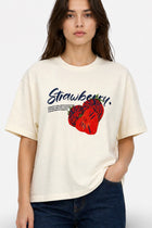 Ekru pamuklu oversize baskılı tişört by Ginaci Türkiye, casual fit with colorful abstract print, front view.