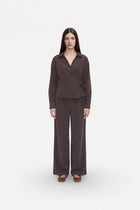 Brown Tencel fabric wrap-around kimono blouse by Ginaci Türkiye featuring a V-neck and crisscross design.