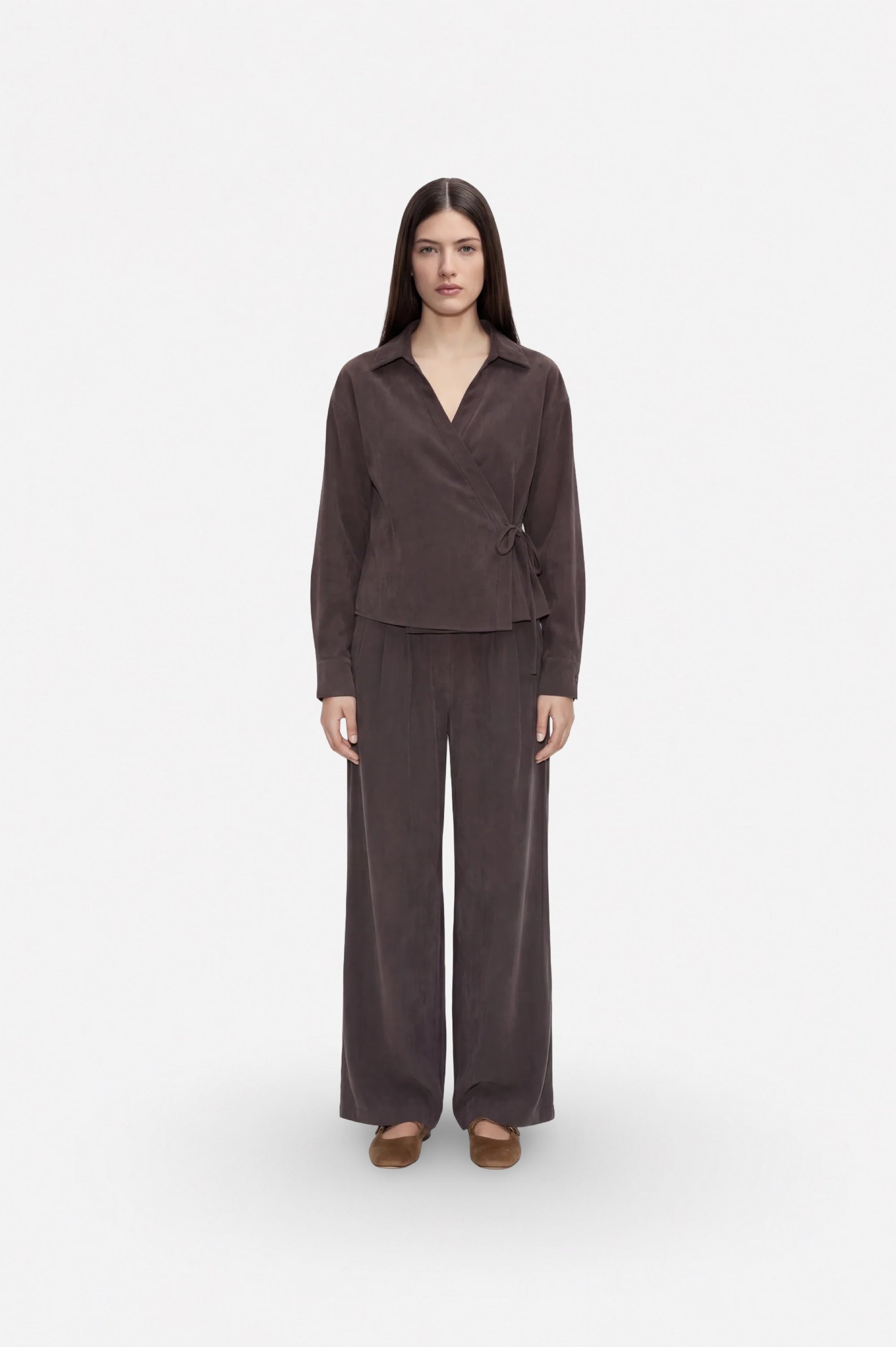 Brown Tencel fabric wrap-around kimono blouse by Ginaci Türkiye featuring a V-neck and crisscross design.