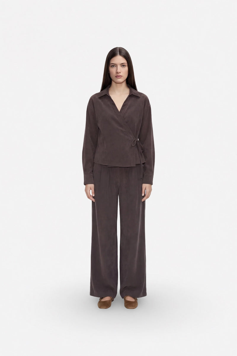 Brown Tencel fabric wrap-around kimono blouse by Ginaci Türkiye featuring a V-neck and crisscross design.