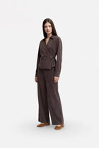 Brown Tencel fabric wrap blouse with V-neck and long sleeves, featuring a tie-front design from Ginaci Türkiye.