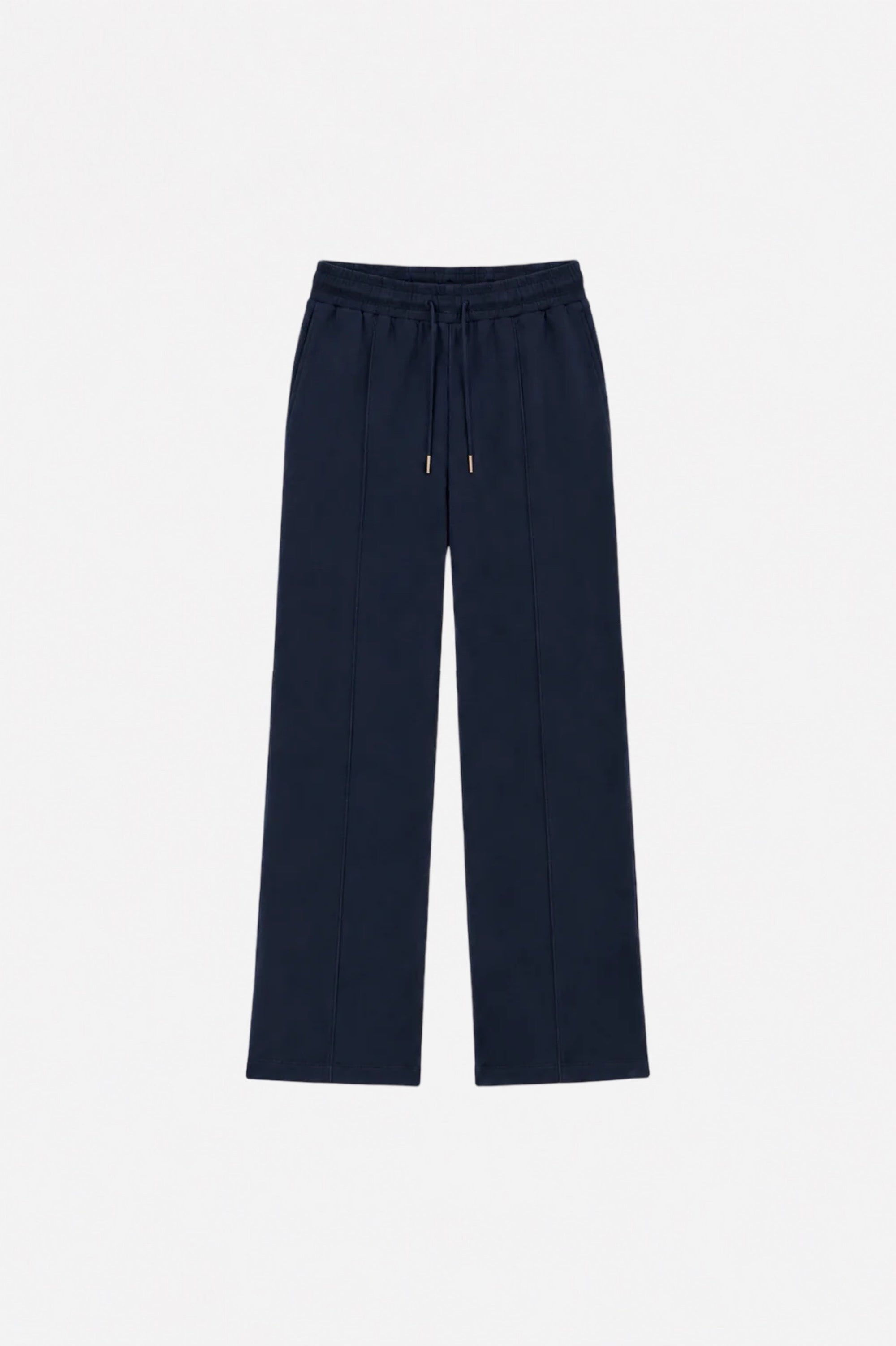 Navy blue Ginaci sweatpants with detailed stitching, showing the relaxed fit and elastic waistband for comfortable casual wear.