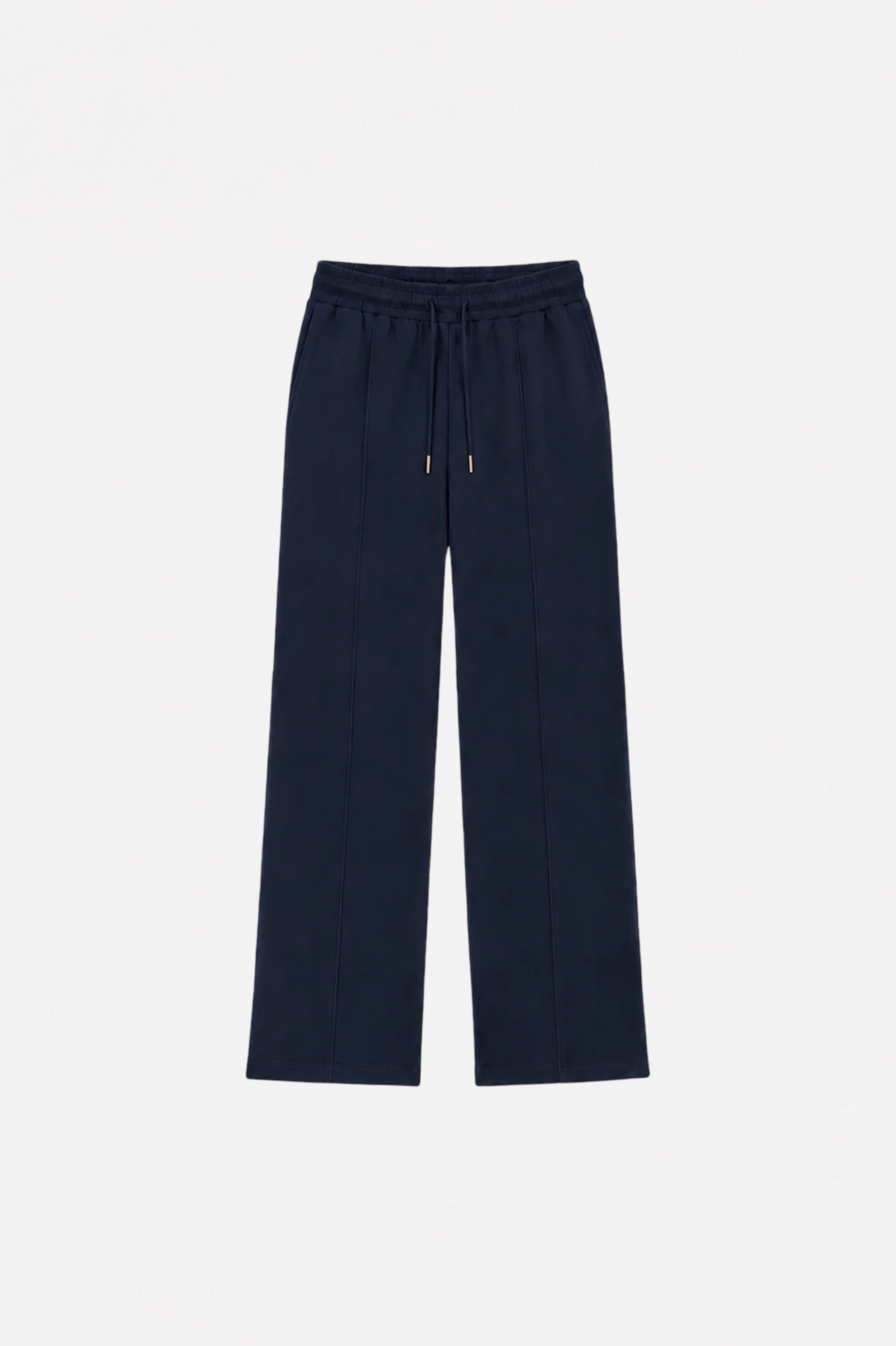 Navy blue Ginaci sweatpants with detailed stitching, showing the relaxed fit and elastic waistband for comfortable casual wear.