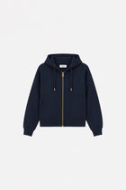 Navy blue hoodie with zipper and hood, thin athletic sweatshirt by Ginaci, shown with front view and zipper detail.