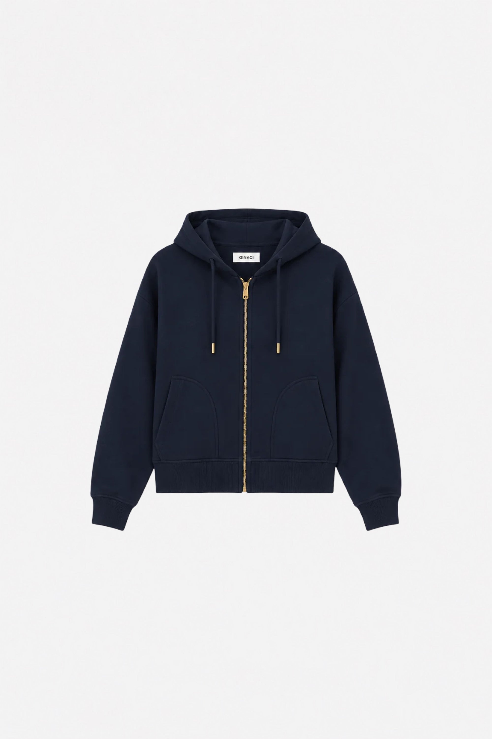 Navy blue hoodie with zipper and hood, thin athletic sweatshirt by Ginaci, shown with front view and zipper detail.