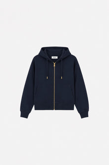 Navy blue hoodie with zipper and hood, thin athletic sweatshirt by Ginaci, shown with front view and zipper detail.