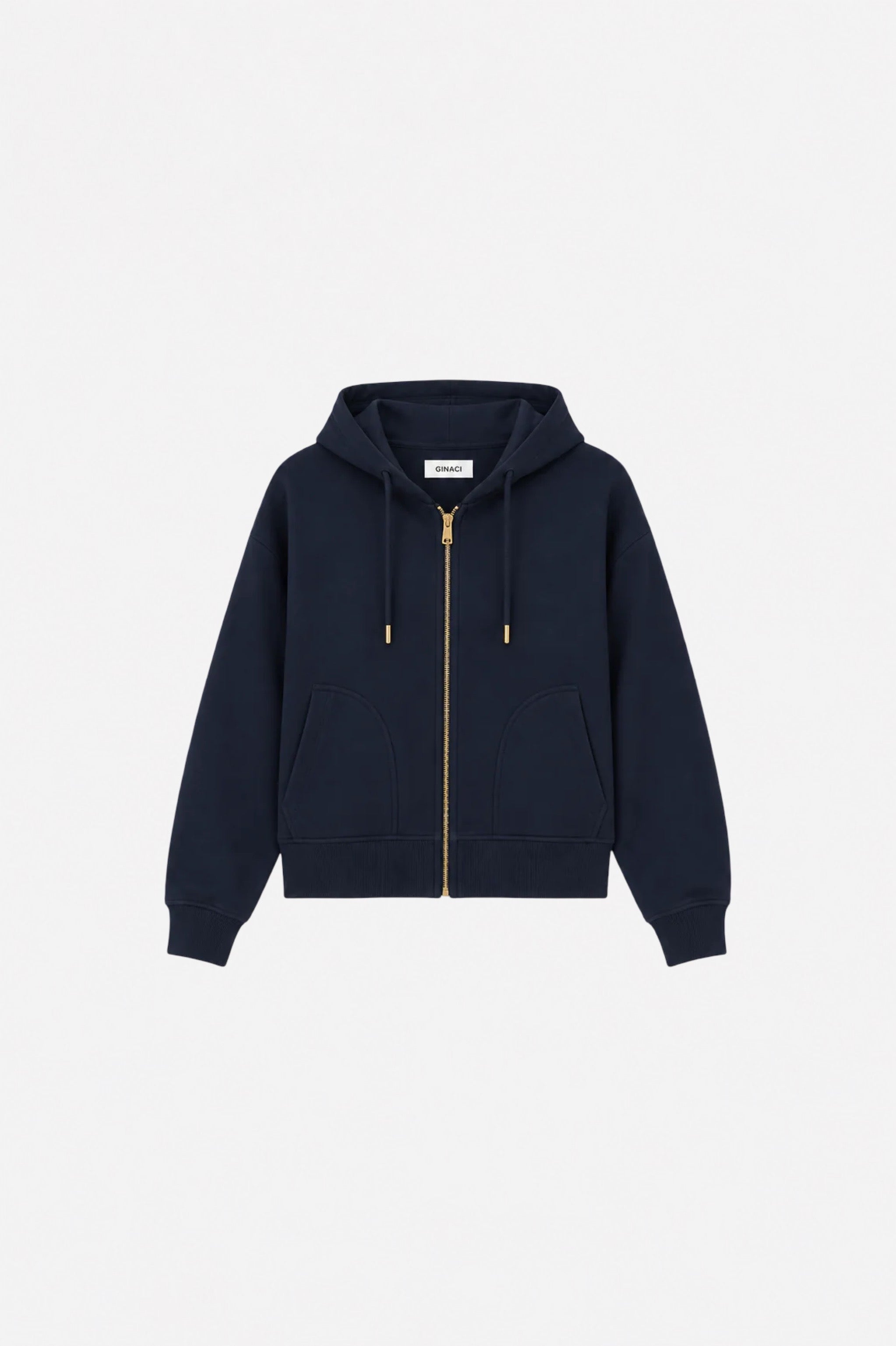 Navy blue hoodie with zipper and hood, thin athletic sweatshirt by Ginaci, shown with front view and zipper detail.