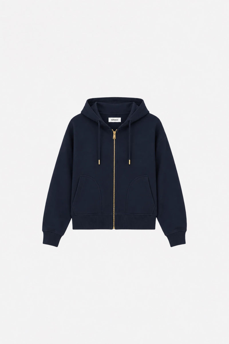 Navy blue hoodie with zipper and hood, thin athletic sweatshirt by Ginaci, shown with front view and zipper detail.
