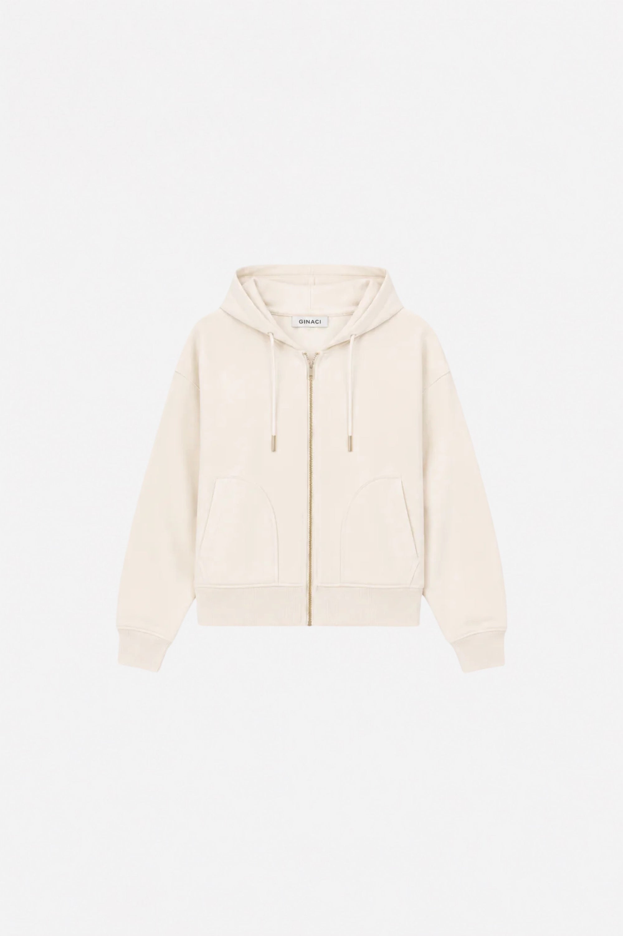 Gray Ginaci ekru fermuarlı kapüşonlu eşofman üst with front zipper and hood, casual and comfortable for athletic or lounge wear.