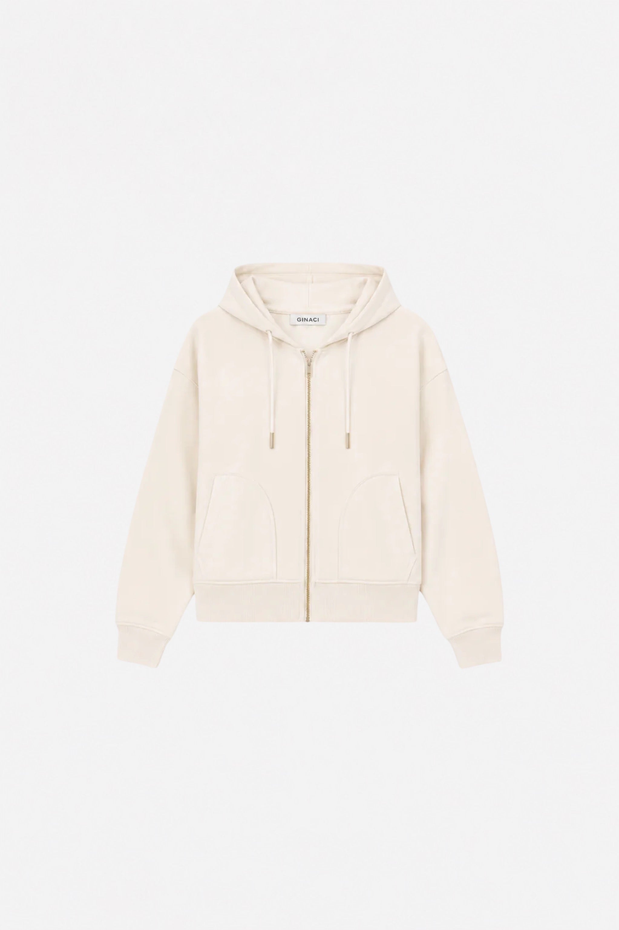 Gray Ginaci ekru fermuarlı kapüşonlu eşofman üst with front zipper and hood, casual and comfortable for athletic or lounge wear.