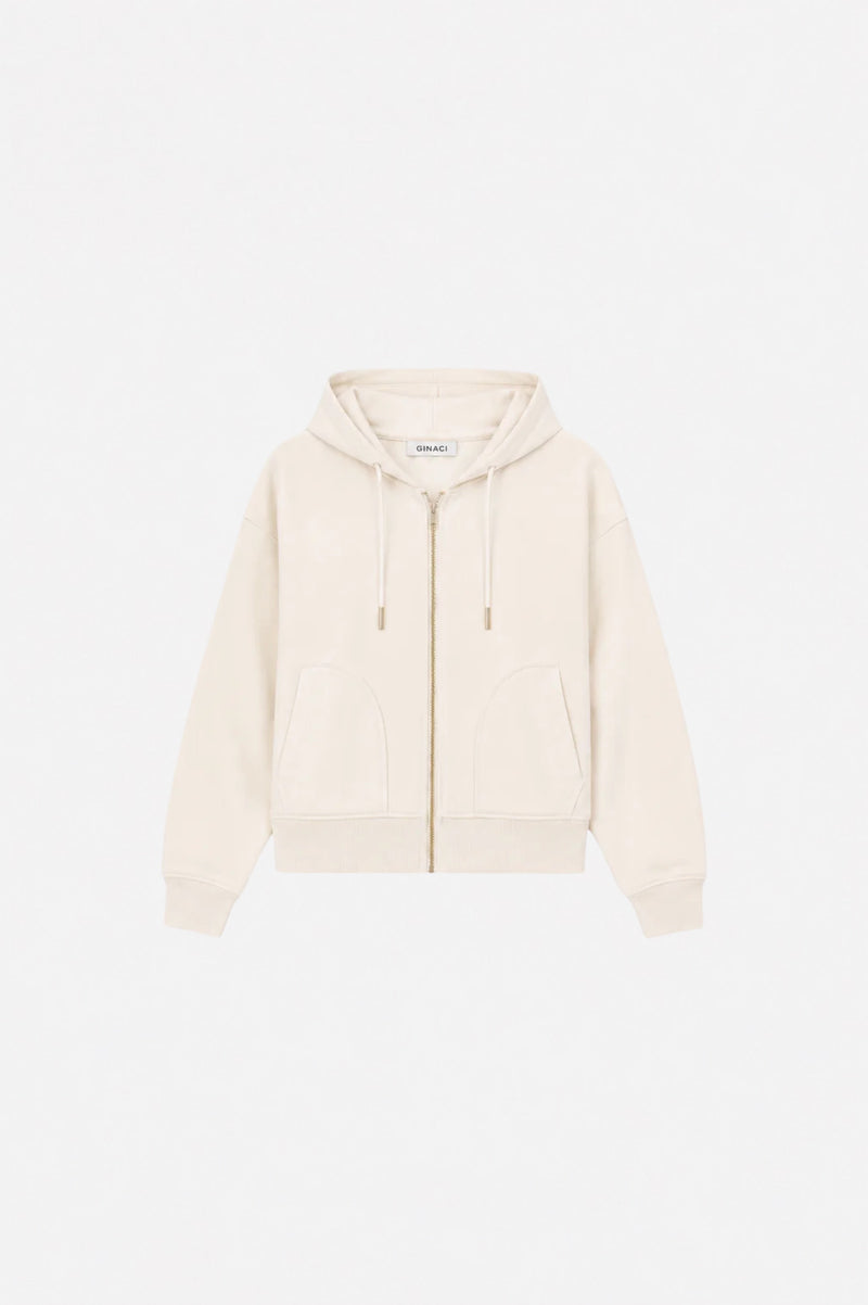 Gray Ginaci ekru fermuarlı kapüşonlu eşofman üst with front zipper and hood, casual and comfortable for athletic or lounge wear.