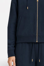 Navy blue Ginaci zip-up hoodie with a hood and slim fit, made of lightweight, soft athletic fabric for comfortable casual wear.