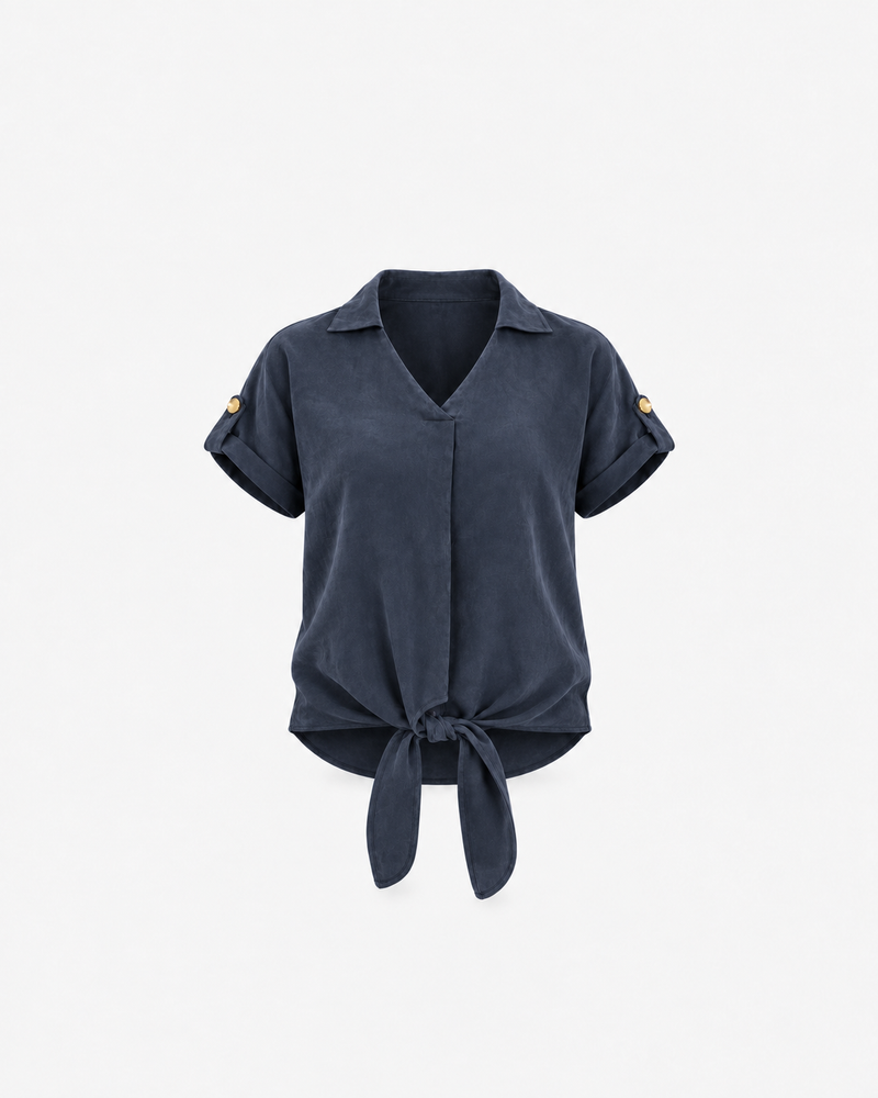 Antrasit Tencel fabric minimal top with tie detail from Ginaci Türkiye featuring a sleek, modern design.
