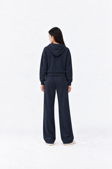 Navy blue Fermuarlı hoodie with hood and slim fit design by Ginaci, showing the back view of the lightweight sweatshirt.