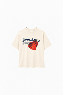 Cream oversized cotton T-shirt with abstract print from Ginaci Türkiye, showcasing a relaxed fit and stylish design.