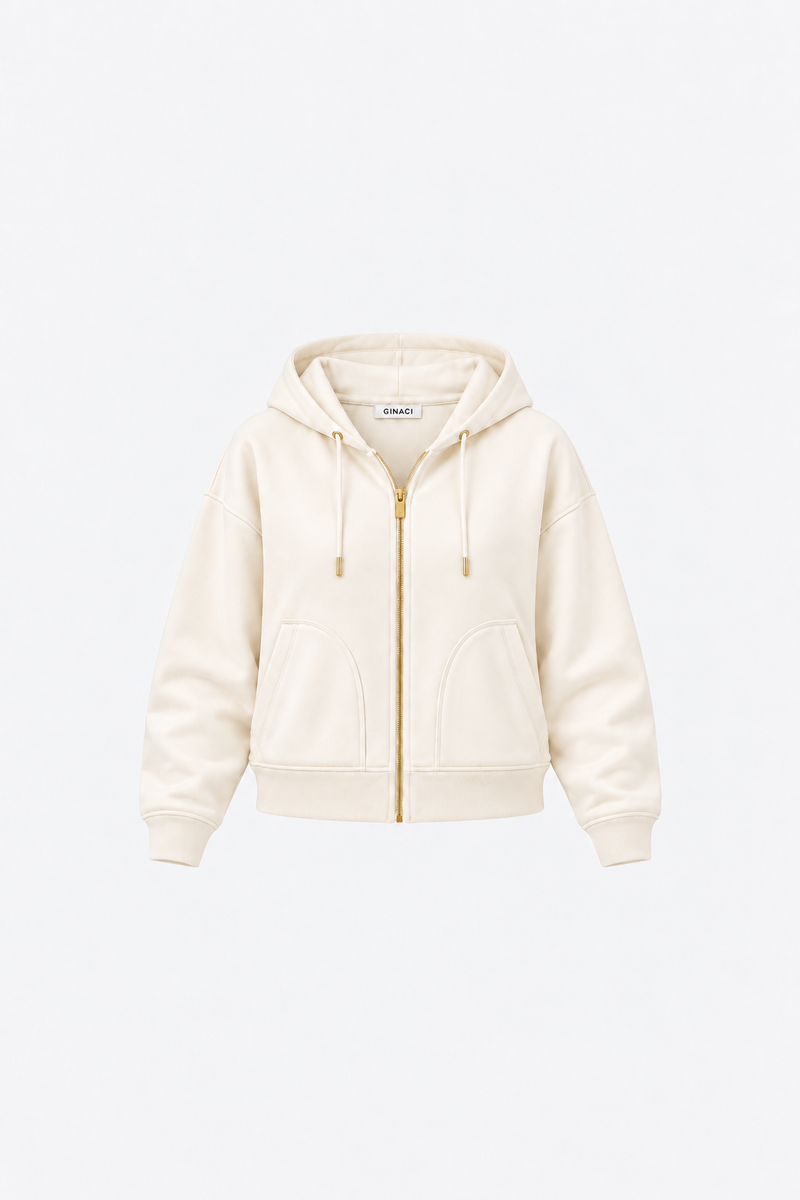 Beige Ginaci ekru fermuarlı kapüşonlu ince eşofman üst, soft hoodie with front zipper and casual fit.