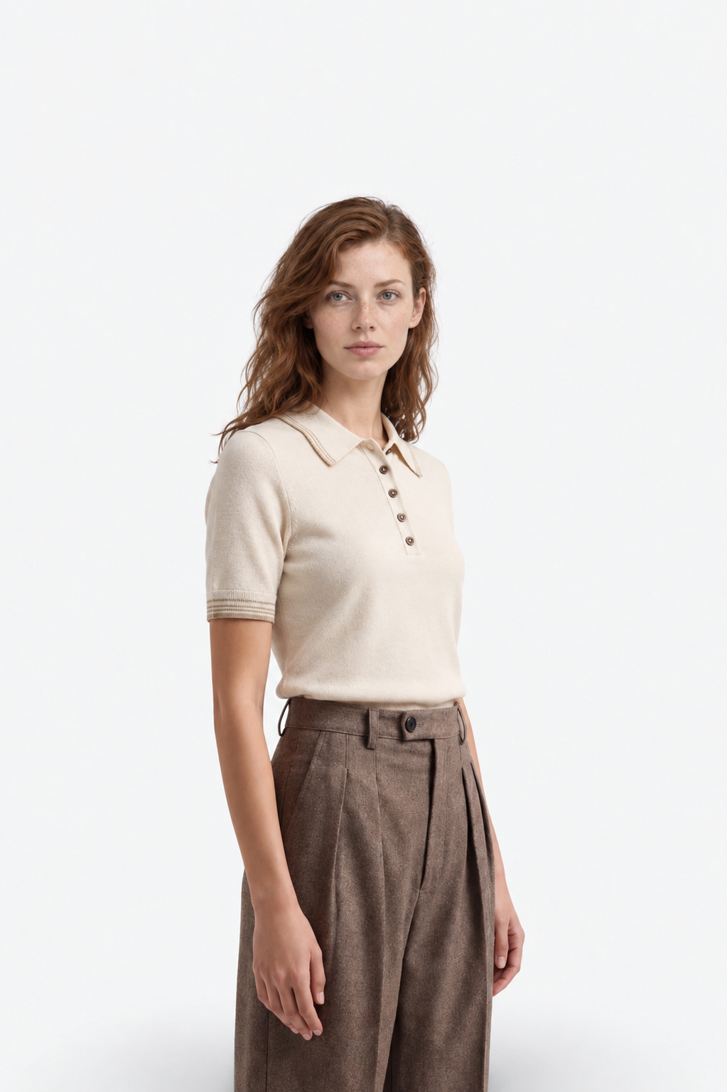 Ecru Polo Yaka Triko by Ginaci Türkiye, beige knitted polo shirt with a classic collar, close-up of fabric texture.
