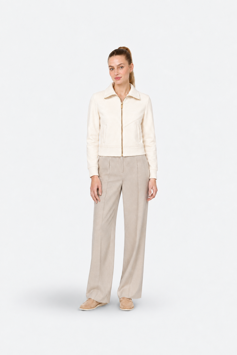 Beige fitted zip-up sport jacket by Ginaci with a high collar and sleek, stylish design for athletic or casual wear.